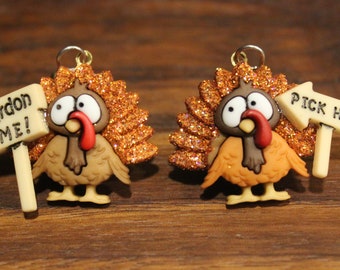 Thanksgiving Fall Autumn Turkey Earrings Pick Him Pardon Me Turkey Gobble Earrings Glittered and Bling