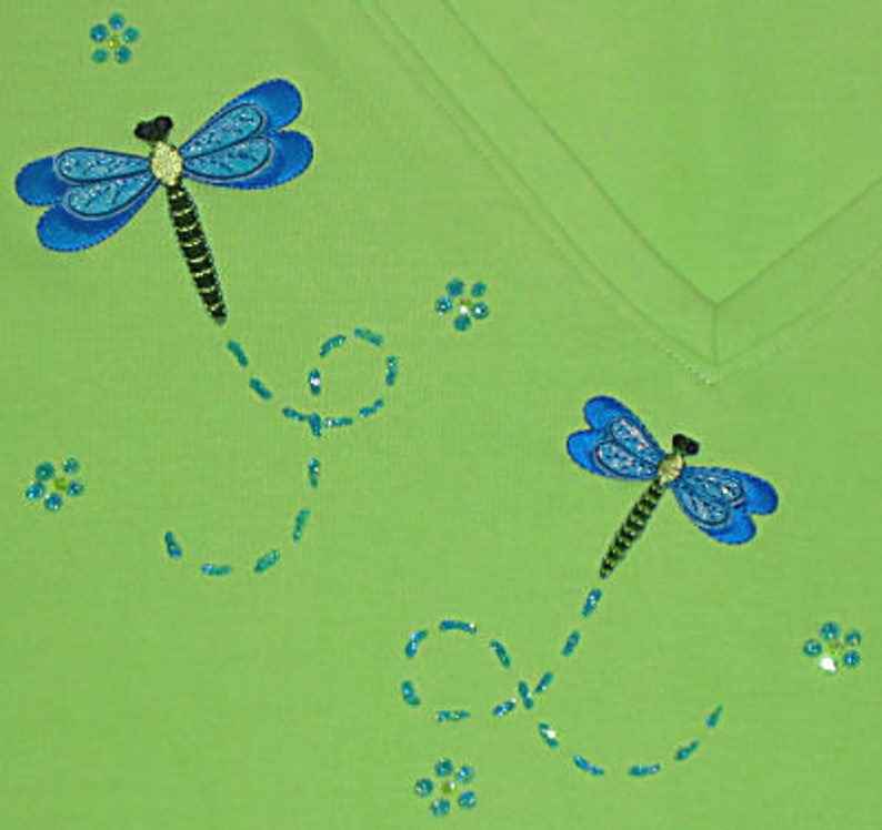 Embroidered Dragonfly Bug Unique Custom Women's Cute Fun Glitter Cool Bling Bug V-neck T shirt Cindy's Handmade Shirts Boutique image 2