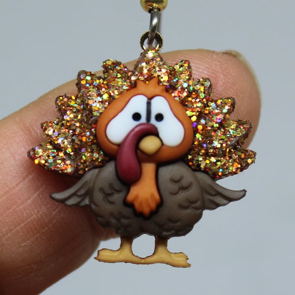 Thanksgiving Fall Autumn Turkey Earrings Worried Turkey Gobble Earrings Glittered and Bling