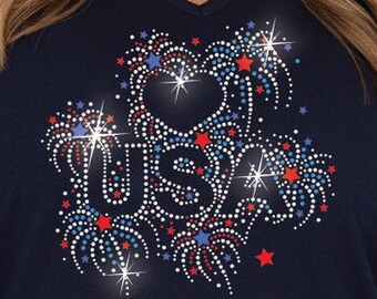 NEW!! Rhinestone Patriotic Love USA Fireworks American Bling Navy V-neck Ladies T shirt