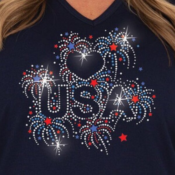 NEW!! Rhinestone Patriotic Love USA Fireworks American Bling Navy V-neck Ladies T shirt