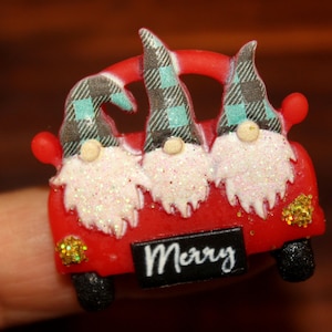 Holiday Gnomes Joy riding in Red Truck Merry Christmas Pin Jewelry Fun