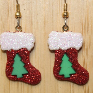 Christmas Stocking Gingerbread Man Christmas Tree Holiday Earrings Glittered and Bling image 2