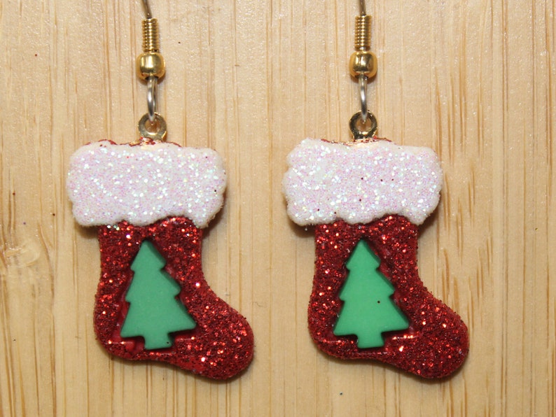 Christmas Stocking Gingerbread Man Christmas Tree Holiday Earrings Glittered and Bling image 2