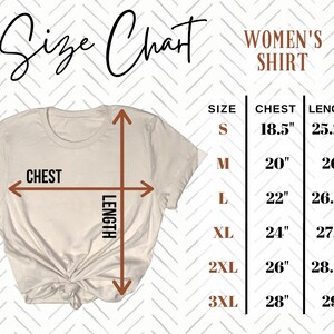 Peut inclure: Un tableau des tailles pour chemises de femme avec des mesures en pouces pour la poitrine et la longueur. Le tableau montre les tailles de S &agrave; 3XL.