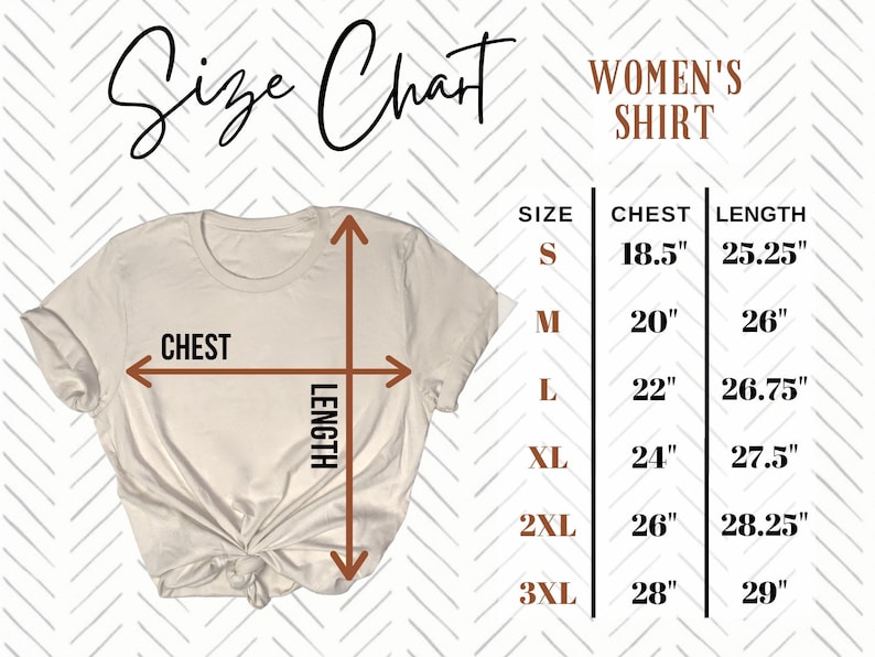 Peut inclure: Un tableau des tailles pour chemises de femme avec des mesures en pouces pour la poitrine et la longueur. Le tableau montre les tailles de S &agrave; 3XL.