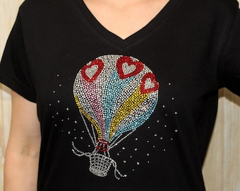 Rhinestone Heart Hot Air Balloon Vacation Bling Tee V-neck Ladies T shirt Great Balloon Festival Tee