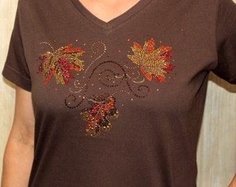 Rhinestone Autumn Large Maple Fall Leaves Shirt Bling  V-neck Glitzy Ladies V-Neck