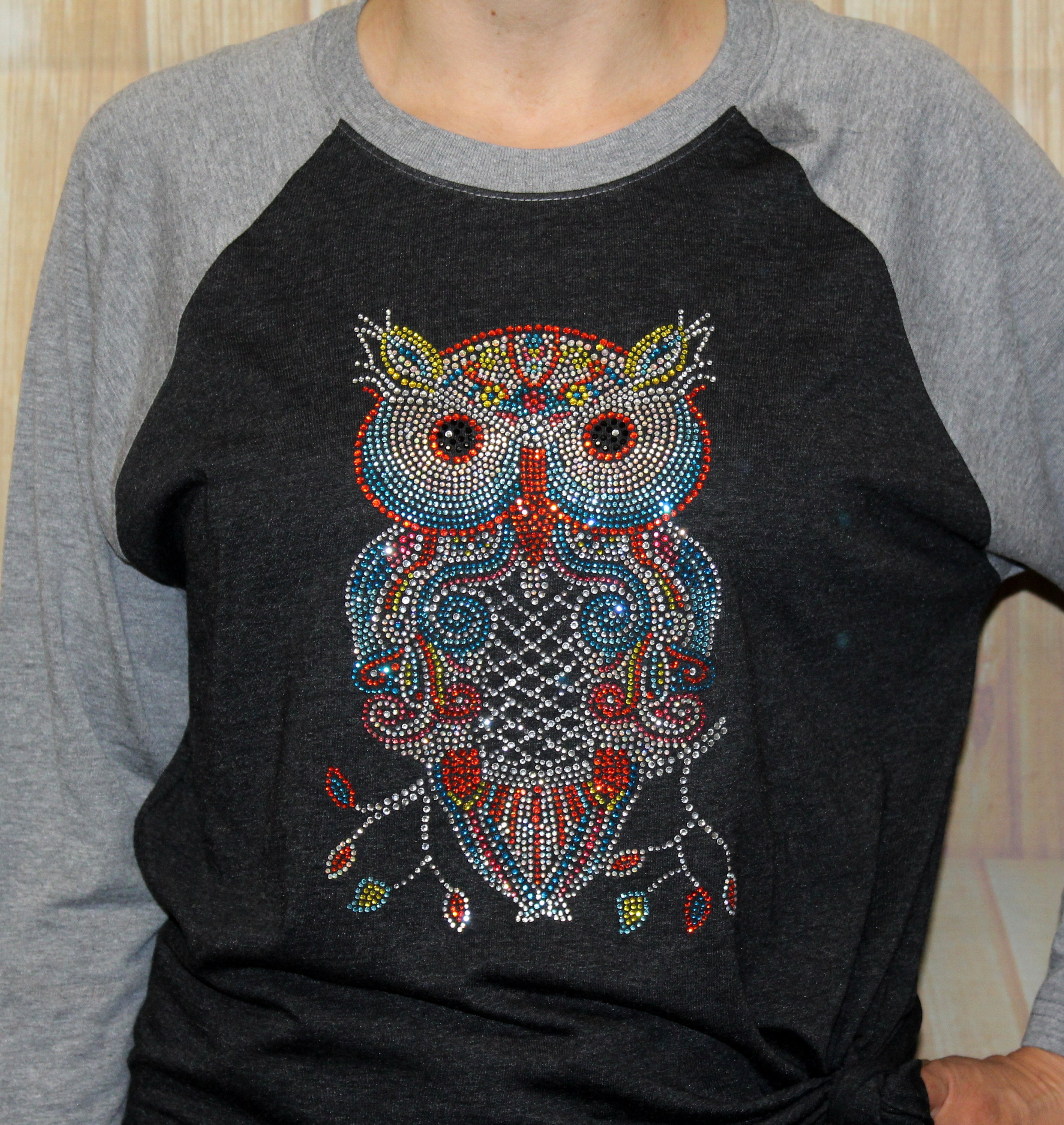 Rhinestone Colorful Owl Retro Raglan Unisex Shirt for Ladies