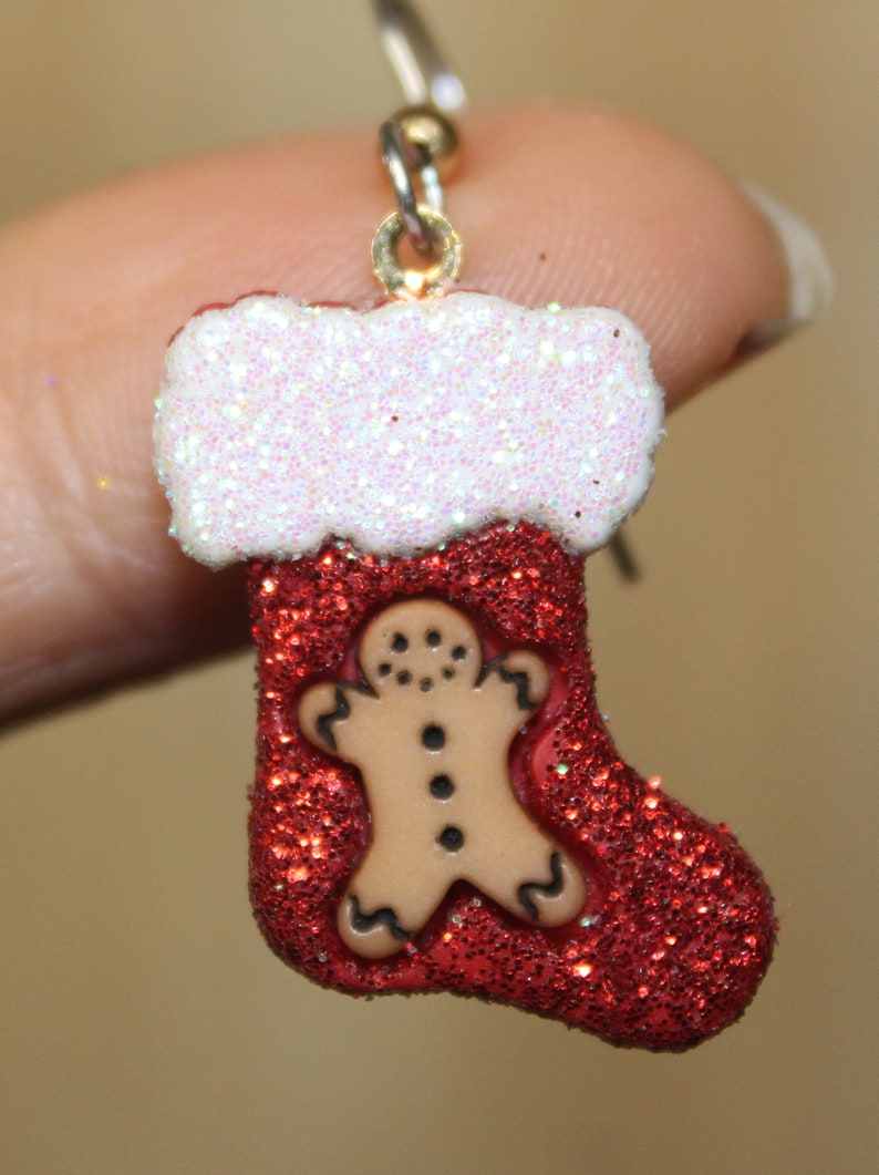Christmas Stocking Gingerbread Man Christmas Tree Holiday Earrings Glittered and Bling image 3