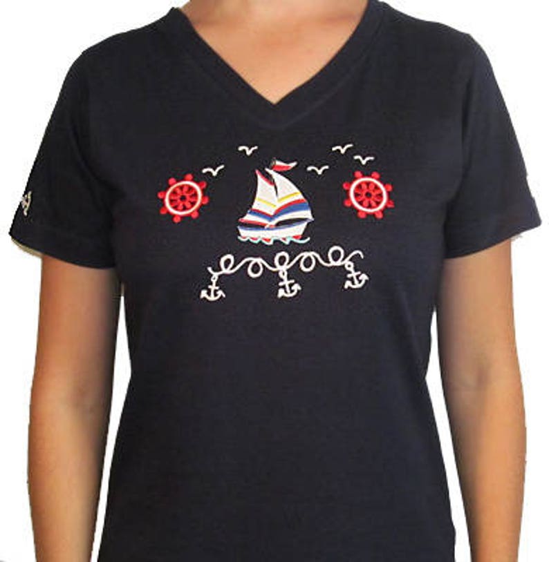 Nautical Embroidered Sailboat Ladies V-Neck T-Shirt with Hand painted Glittered Accents image 1