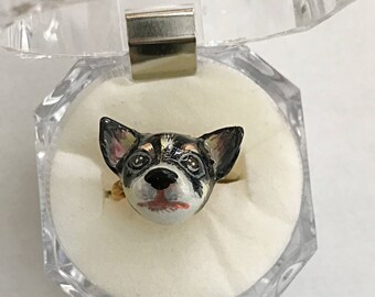 Chihuahua Head Ring/Dog ring/Dog head ring/Adjustable ring/Ring for dog lover/Enamel ring/Brass ring/Ring jewelry