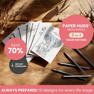 Könnte beinhalten: Ein Stapel weißer Karten mit Elefantenillustrationen und Bleistiften. Die Karten sind Teil eines "Paper Hugs" Mega-Bundles, das ein 2-in-1-Erlebnis bietet: Ausmalen und Versenden. Das Bild enthält eine "Save 70%"-Aktion und den Text "Sofort-Download".