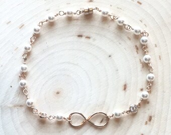 Rose Gold Cross Bracelet: Swarovski Pearls, Magnetic Clasp Christian Gift