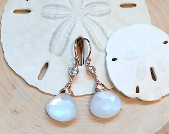 Rose Gold Moonstone Earrings: Dainty CZ Gemstone Earrings