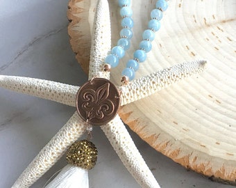 Blue Jade Tassel Necklace: Rose Gold Fleur de Lis Pendant