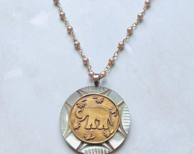Elephant necklace w/ cute handmade elephant. Gorgeous vintage button necklace. Gold lotus necklace that's the perfect elephant jewelry gift.