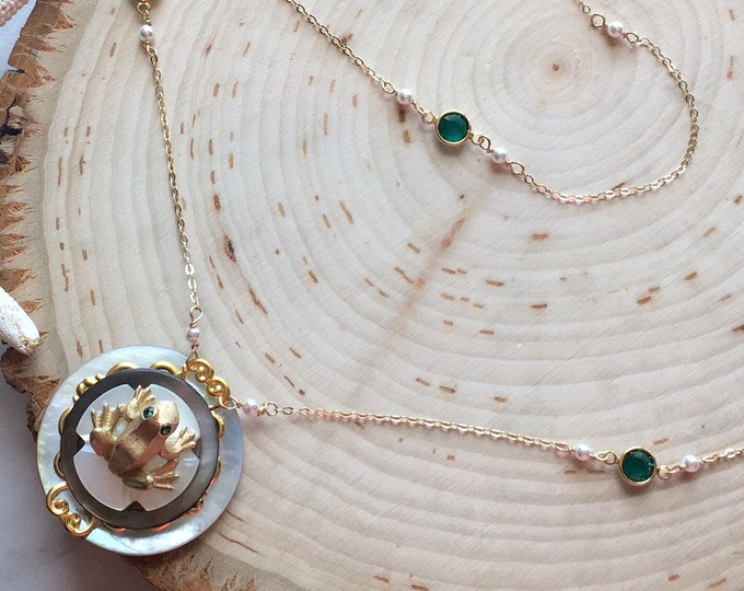 Frog necklace with a cute frog charm.  Repurposed vintage frog pin and button necklace. Green necklace that's the perfect frog jewelry gift.
