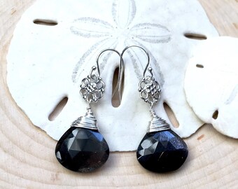 Sterling Silver Black Moonstone Earrings: Floral Charm Jewelry Gift