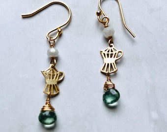Green Amethyst Coffee Earrings: Gold Vermeil Coffee Pot Charm