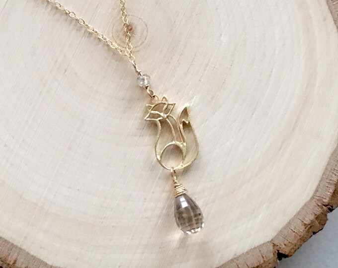 Fox necklace. November birthstone Smoky Quartz necklace. Beautiful cottagecore necklace with a fox tail that is the perfect cute fox gift.