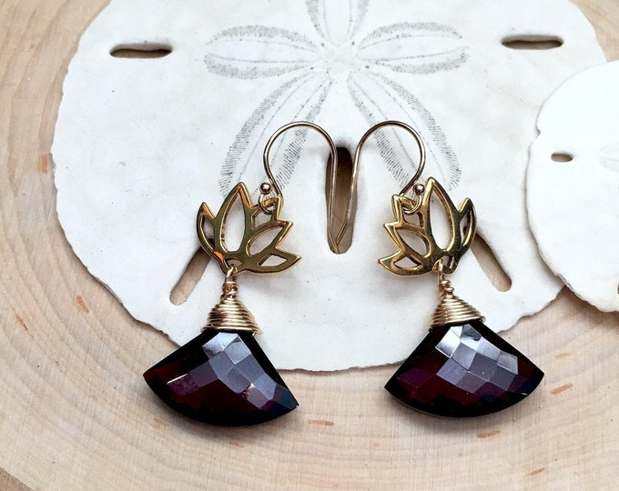 Garnet Earrings. January birthstone lotus earrings.  Beautiful lotus earrings that are the perfect flower jewelry or delicate earrings gift.