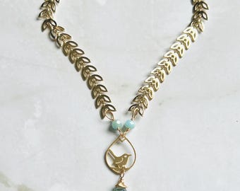 Gold Bird Necklace: Green Amethyst Vermeil Charm, Gold Filled Leaf Chain