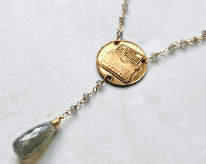Typewriter labradorite necklace. This wax seal necklace is great for writer gifts, literary gifts or gifts for writers. Meaningful necklace