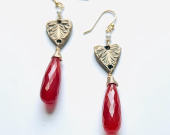 Handmade Carnelian Earrings: Bronze Leaf Dangle Earrings
