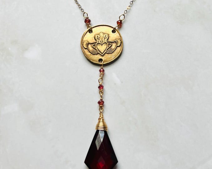 Claddagh Irish necklace w/ heart charm. Gorgeous red heart necklace.  Garnet necklace that is the perfect promise necklace gift.