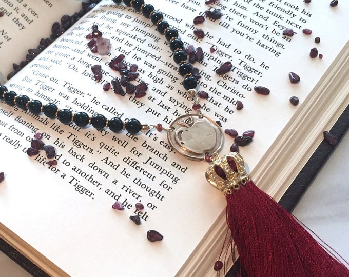 Teacher apple necklace. Teacher necklace for young teacher gift or mentor teacher gift. Garnet necklace w/ garnet pendant. Tassel Necklace