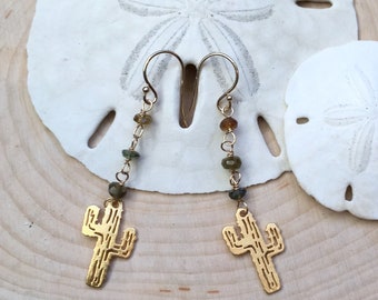 Handmade Cactus Earrings: Tourmaline Gemstone, Western Style