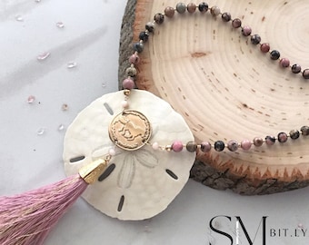 Jane Austen Horse Pendant Necklace: Rhodonite Beaded Tassel Jewelry