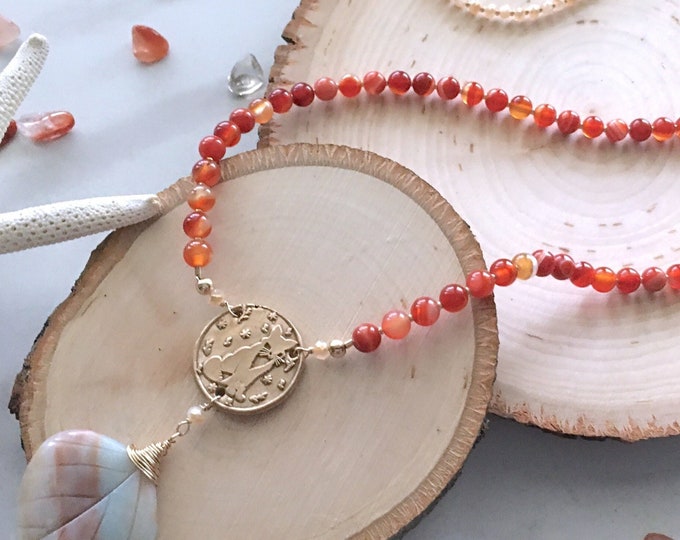 Fox necklace.  Carnelian necklace with carnelian crystal and carnelian pendant. Wax seal necklace that is the perfect cute fox gift.