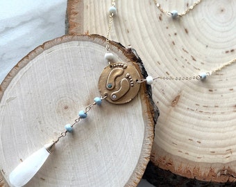 Baby Feet Medallion Necklace: Opal, Quartz, Bronze