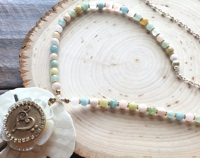 Morganite necklace that's the perfect music note necklace or button necklace gift. Long pearl necklace w/ morganite beads & bronze medallion