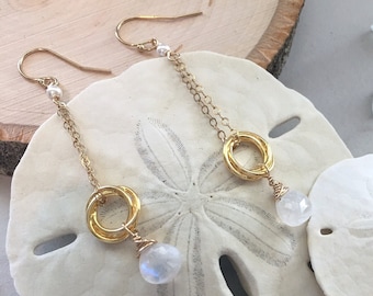 Handmade Gold Love Knot Earrings: Moonstone Dangle, Bridesmaid Gift