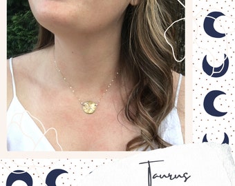 Taurus necklace with Taurus constellation. Gorgeous horoscope necklace. Yellow gold & bronze jewelry. Personalized jewelry gift.