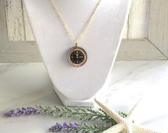 Vintage Watch Face Necklace: Mother of Pearl Button, Long Vermeil Chain
