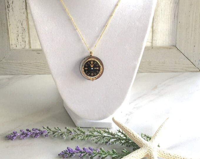 Watch Face Necklace, Long Necklace, Vintage Repurposed, Thin Chain Necklace, Evening Necklace, Vintage Mother of Pearl Button,Black Necklace