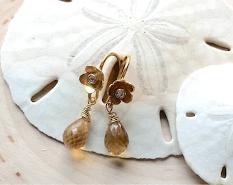Citrine Flower Earrings: Handmade Gold Vermeil Dangle Jewelry