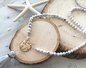 Howlite Travel Necklace: Bronze Globe Medallion, Boho Tassel