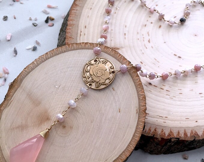 Rose pink chalcedony necklace. Peach moonstone necklace with gorgeous chalcedony pendant. Beauty and the Beast necklace flower jewelry gift.