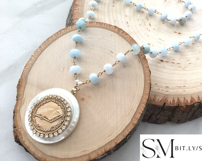 Book Necklace Aquamarine Necklace. Literature jewelry for literary gifts, gifts for writers, Jane Austen gifts. March birthday present too!