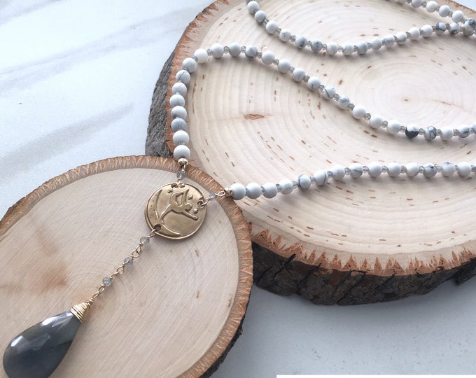 Howlite necklace.  Yoga jewelry Labradorite necklace with goddess pendant. Beautiful indie necklace that is the perfect yoga lover gift.