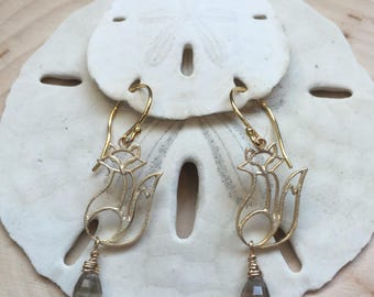 Handmade Fox Earrings: Smokey Quartz, Gold Filled Wire, Cottagecore Jewelry