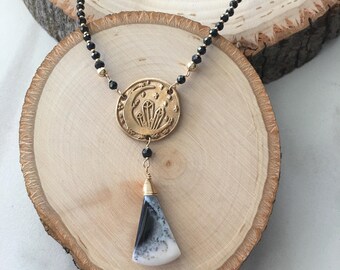 Handmade Bronze Star Necklace: Opal, Spinel & Crystal Celestial Jewelry