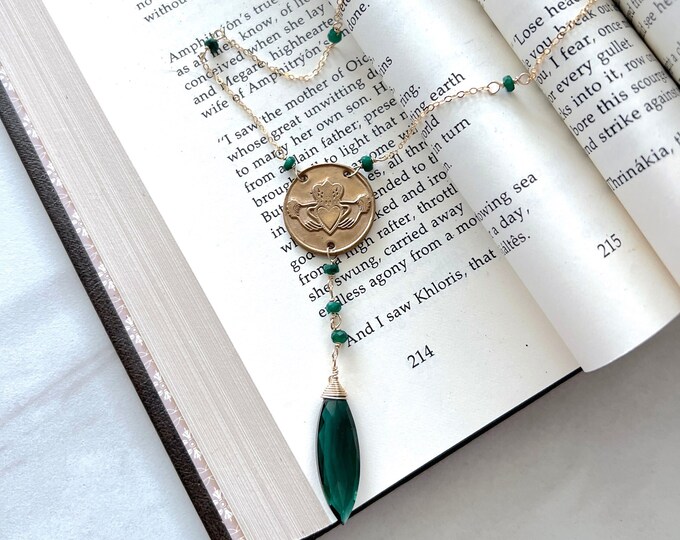 Claddagh Irish necklace w/ heart charm. Gorgeous gold love necklace.  Indicolite necklace that is the perfect promise necklace gift.