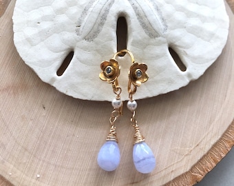 Blue Lace Agate Flower Earrings: Vermeil & Gold Filled Dangle Jewelry