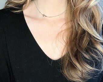 Dainty Rose Gold Cross Necklace: Pyrite Bead Faith Necklace